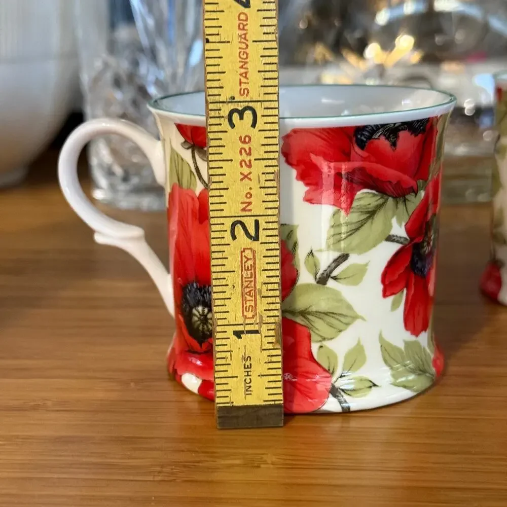 Milton China Hot Drinks in‎ Pretty Red Poppies on Porcelain Set of 2 Small Mugs